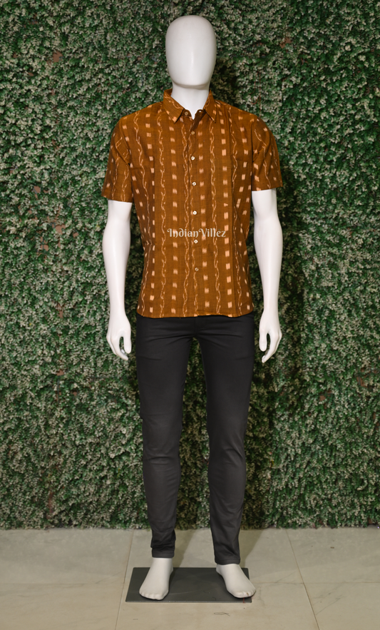 Brown Tipa Design Odisha Ikat Cotton Half Sleeve Shirt for Men 