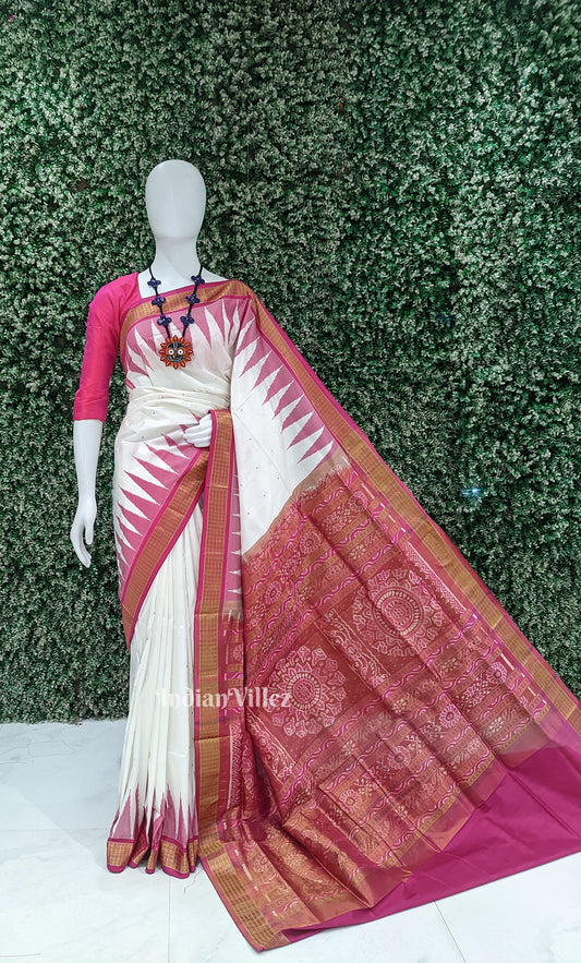 White Red Buti Odisha Ikat Bomkai Half Tissue Silk Saree