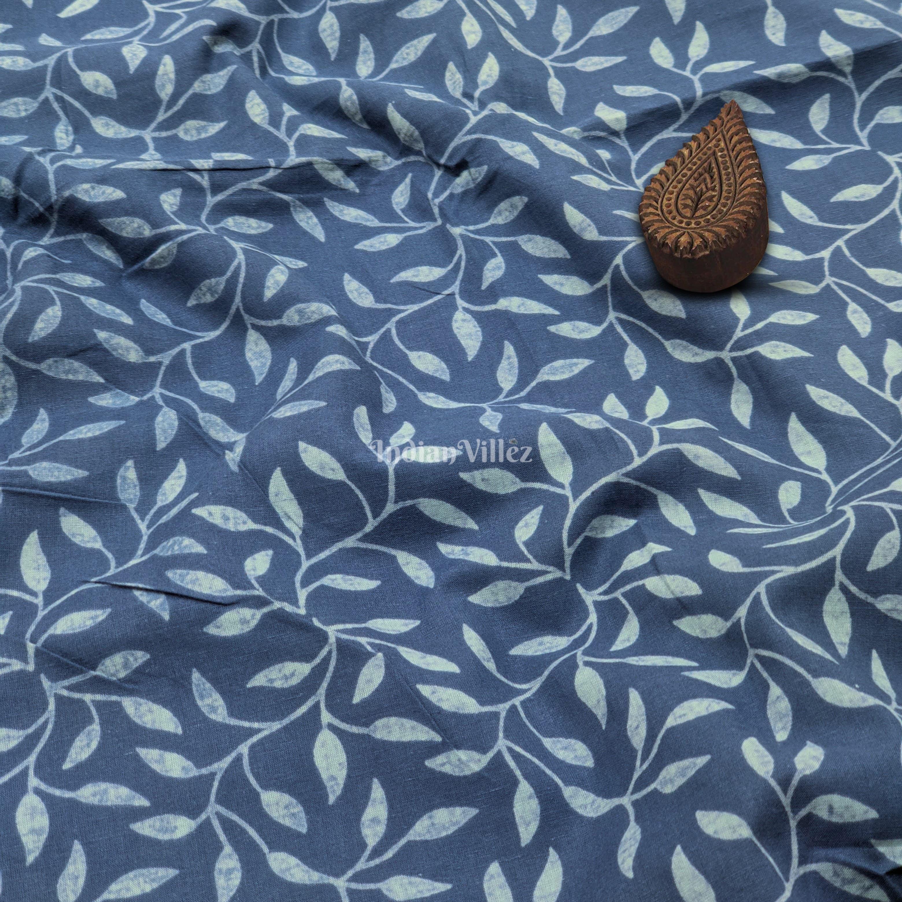 Navy Blue Floral Hand Block Printed Cotton Fabric