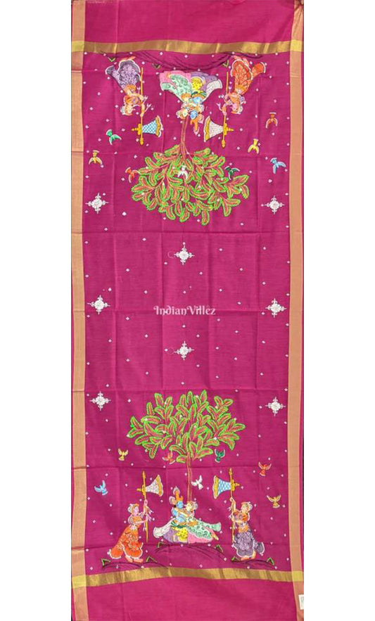 Rani Pink Color Radha Krishna Pattachitra Art on Chanderi Dupatta