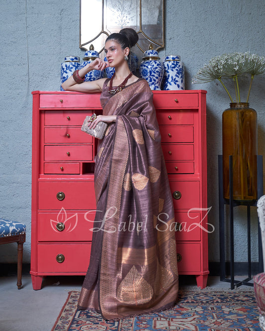 Copper Purple Party Designer Tussar Banarasi With Moti Work Saree