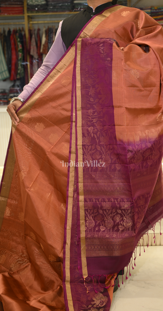Rust Orange Magenta Pink Floral Pure Kanjivaram Soft Silk Saree