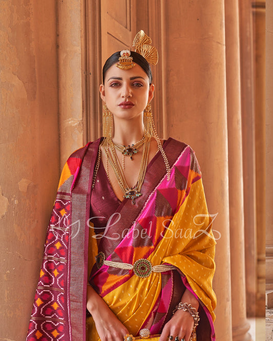 Red Yellow Leheriya Pochompolly Ikat Saree