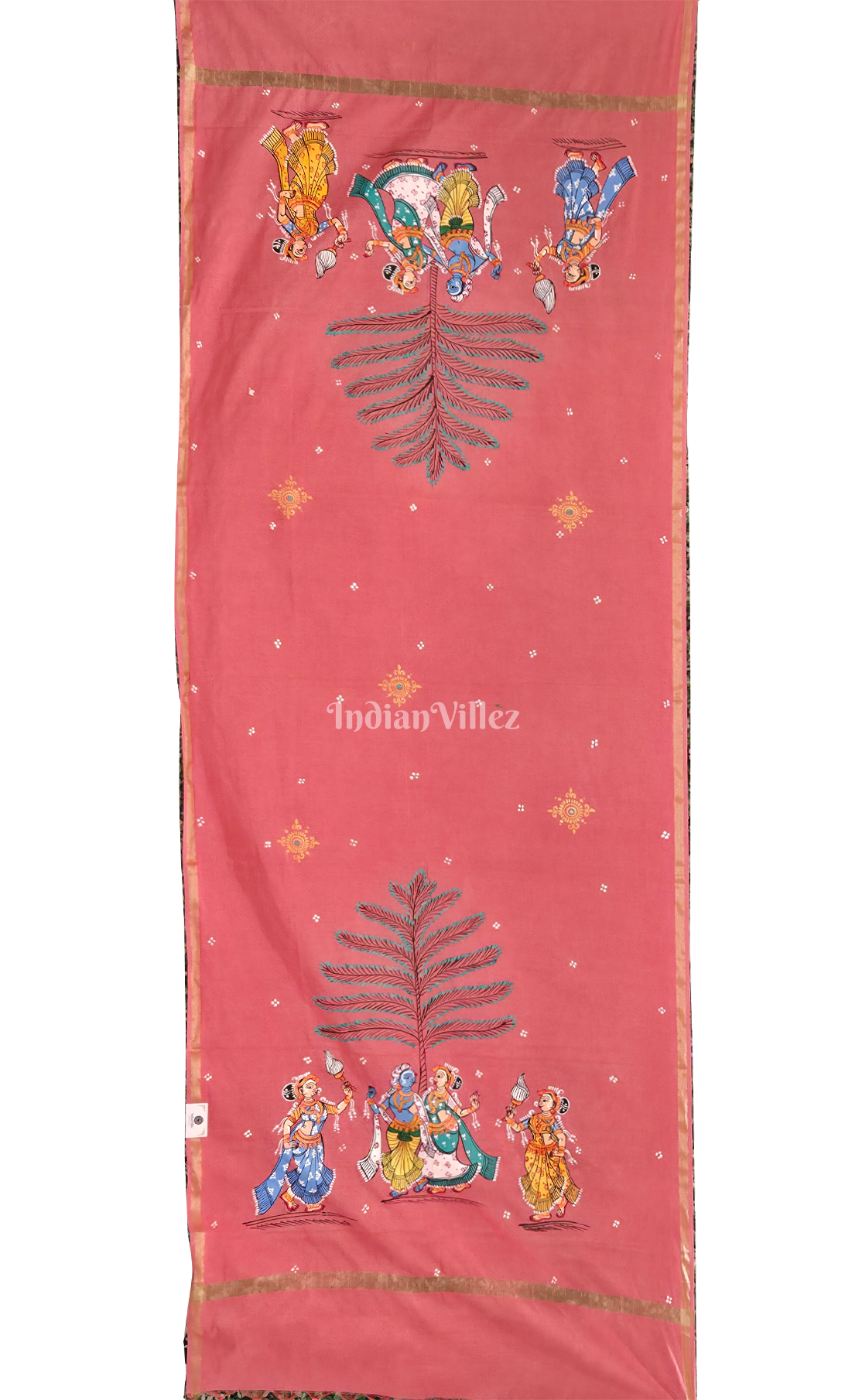 Peach Pink Krishna Raas Leela Theme Hand-Painted Pattachitra Chanderi Dupatta