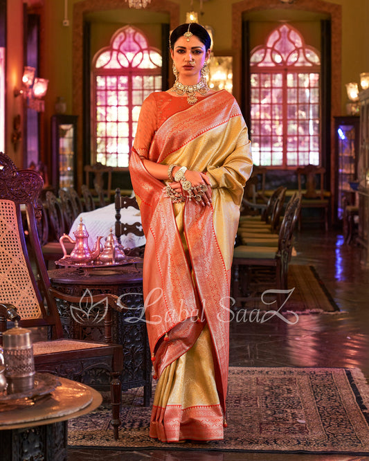 Yellow Red Kanjivaram Silk Saree