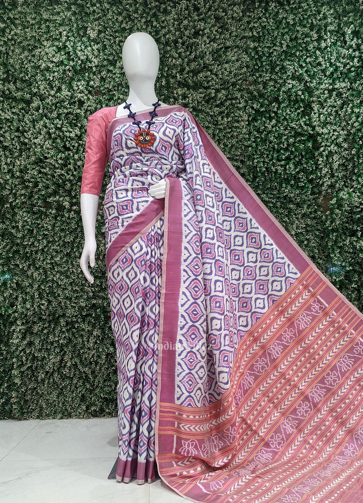 White Pink Odisha Ikat Contemporary Designer Saree