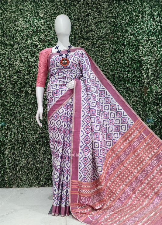 White Pink Odisha Ikat Contemporary Designer Saree