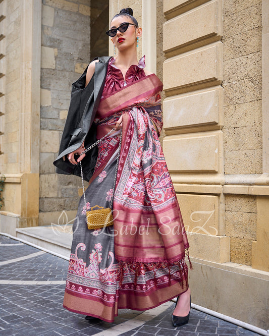 Big Multi Coloured Floral Soft Gaji Silk Handloom Weaving Saree 