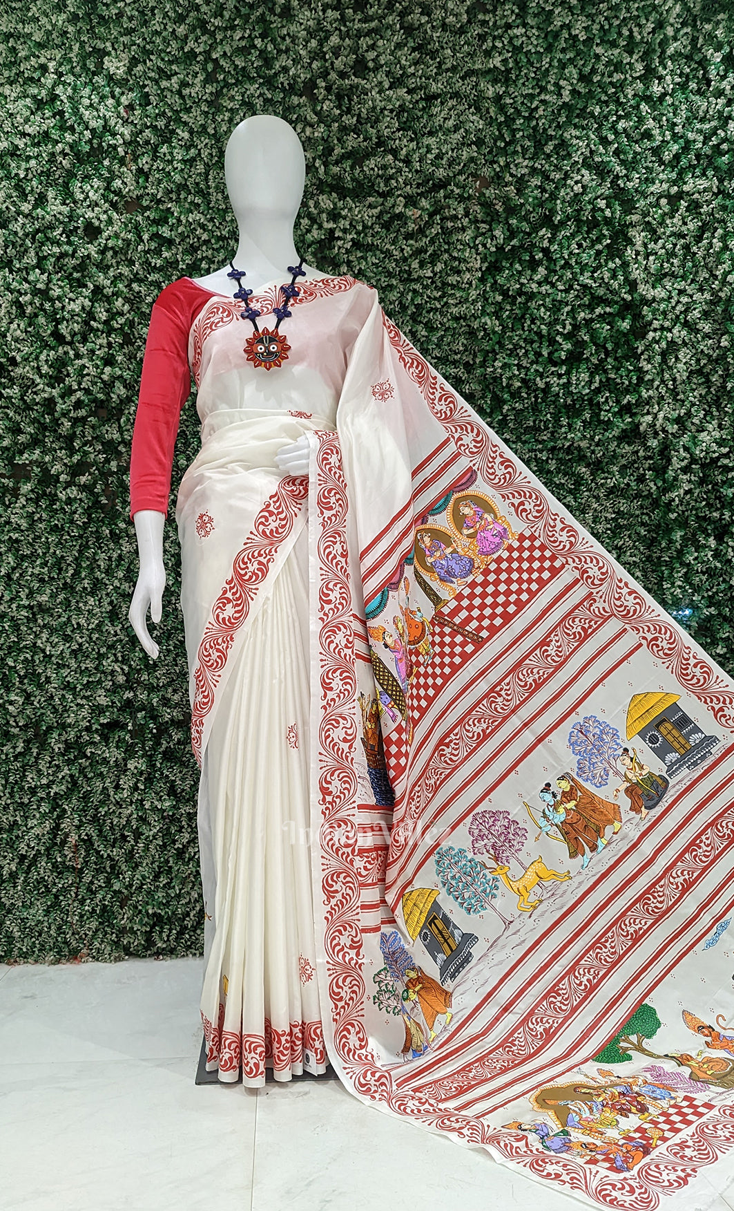 White Red Ramayan Theme Hand-Painted Pattachitra Saree