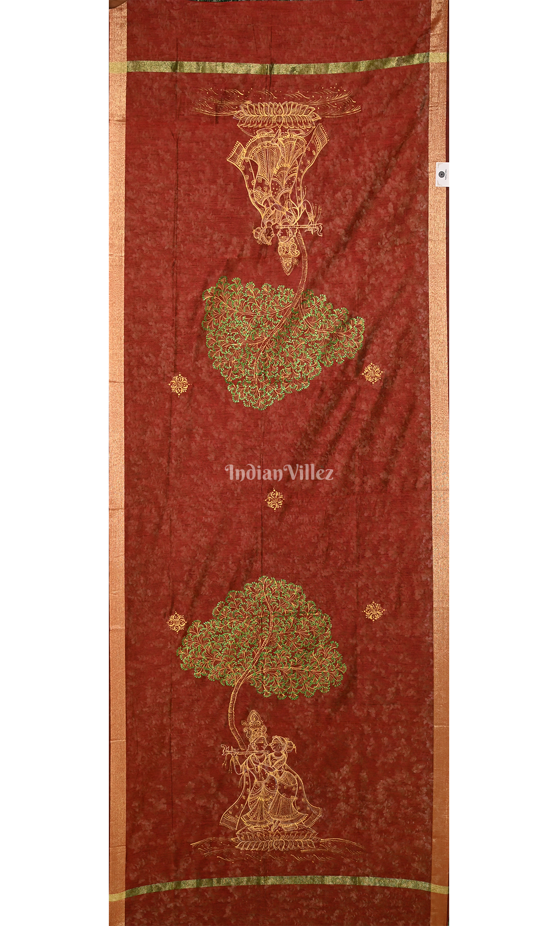 Maroon Red Radha Krishna Raas Leela Hand-Painted Pattachitra Chanderi Dupatta 