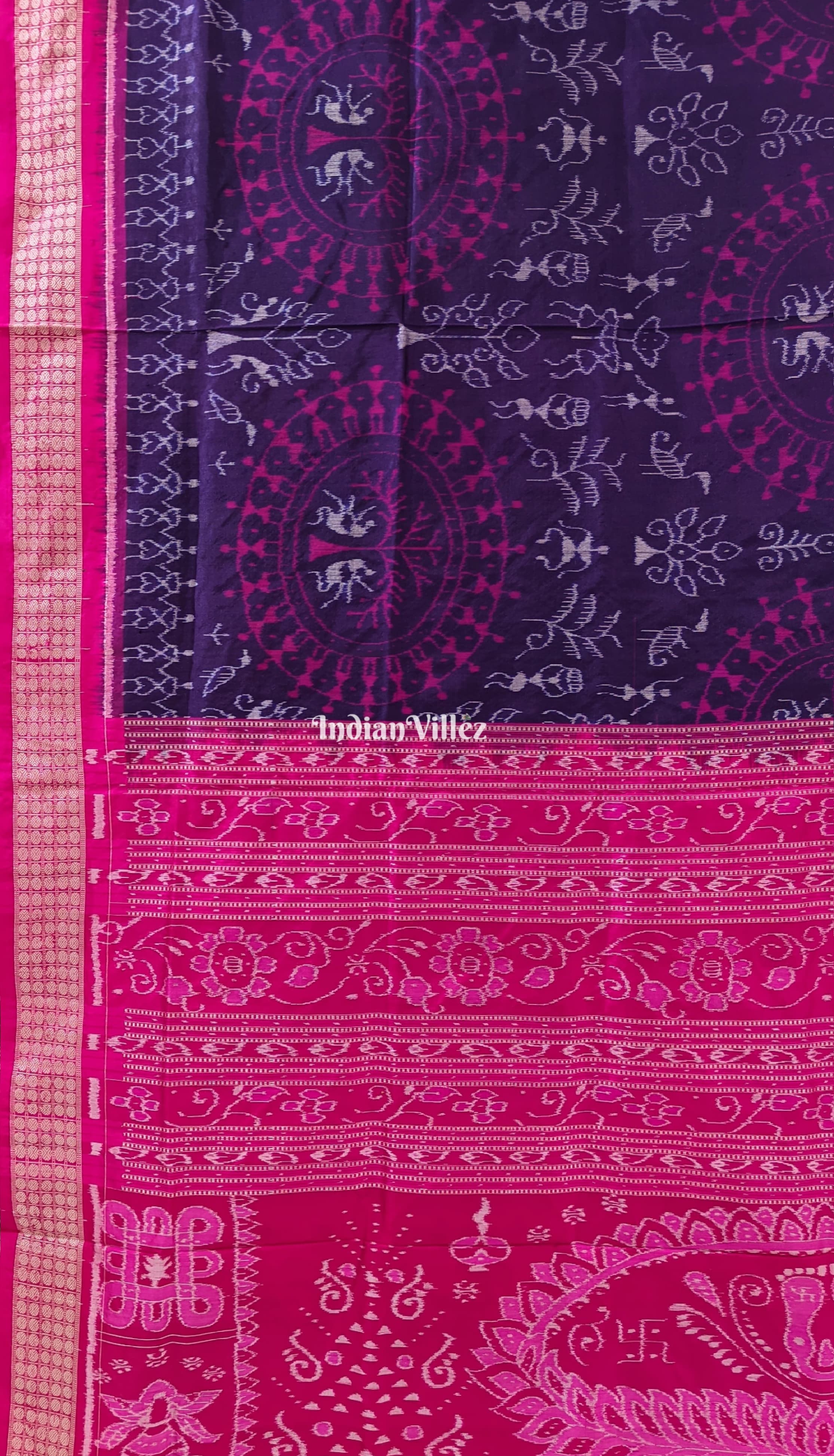 Navy Blue & Pink Tribal Theme Sambalpuri Silk Saree