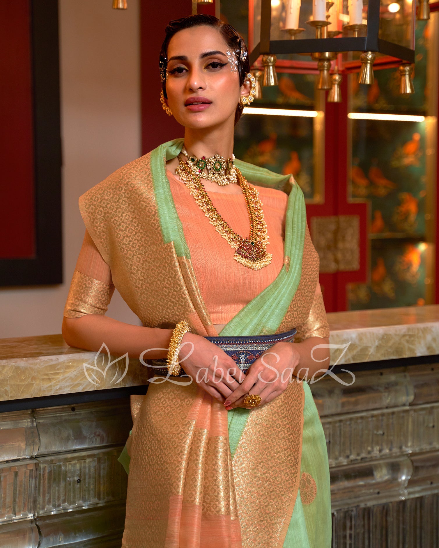 Mint Green Pure Multicoloured Linen Banarasi Saree