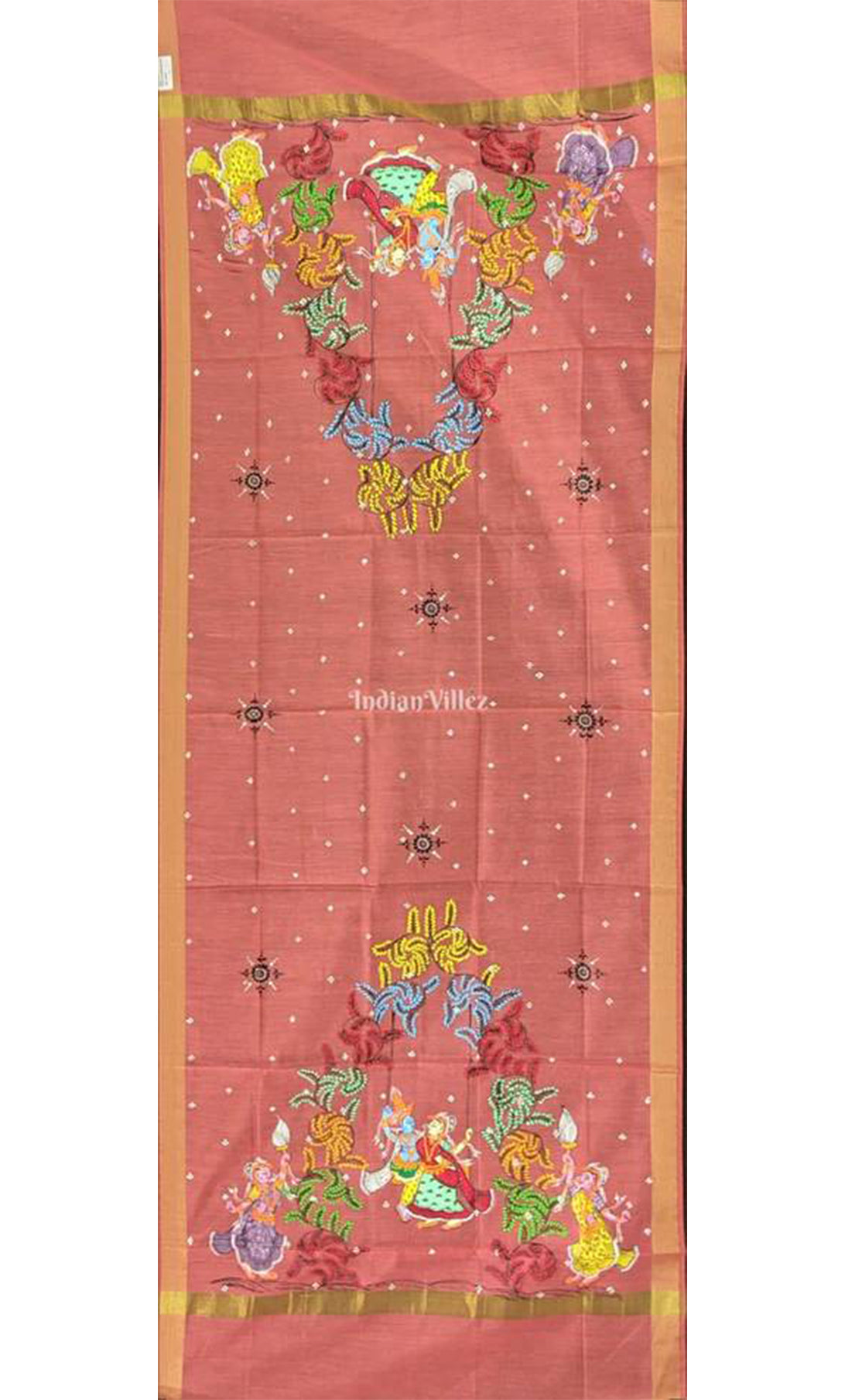 Peach Radha Krishna Pattachitra Art on Chanderi Dupatta