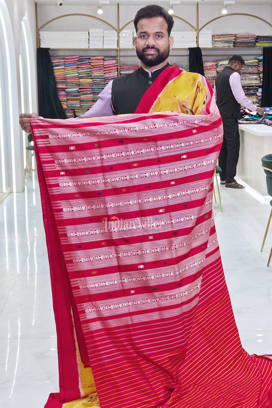 Yellow Red Tribal Theme Odisha Ikat Contemporary Designer Silk Saree with  Siminoi Anchal