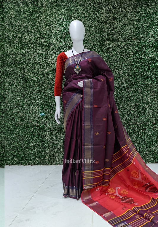 Red With Coffee Dual Tone Pure Bishnupuri  Silk Saree