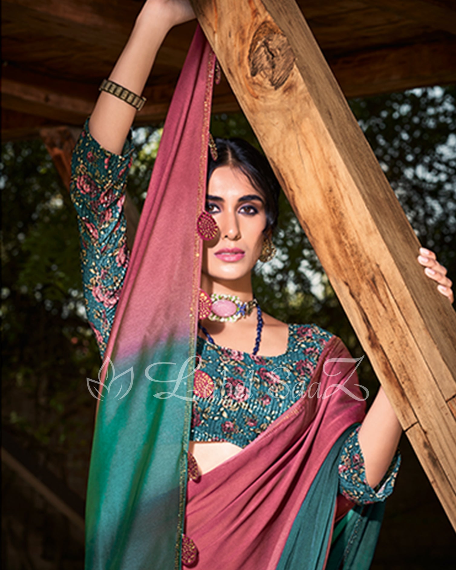 Peach Rama Chiffon Saree with Floral Blouse