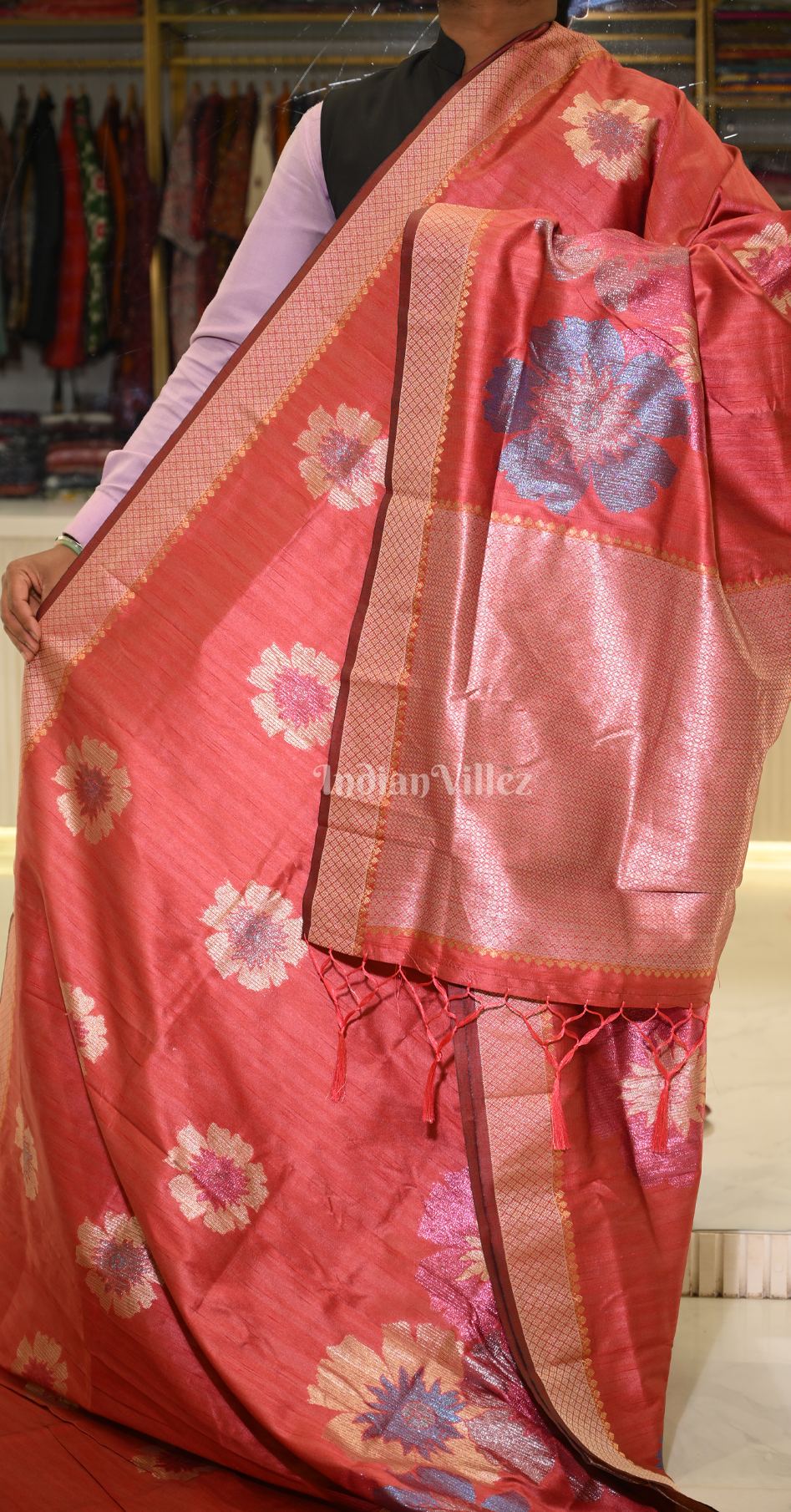 Red Floral Motif Zari Linen Designer Banarasi Saree