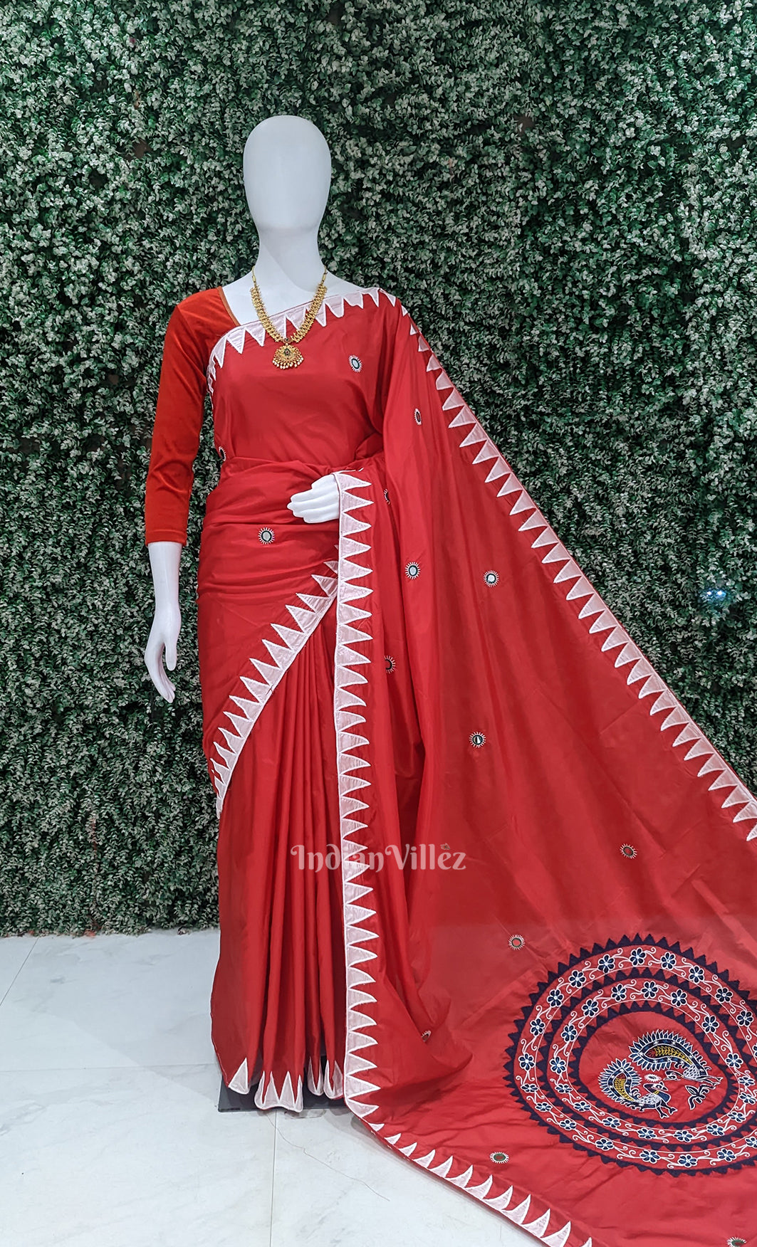 Red Applique Work Hand Embroidered Saree