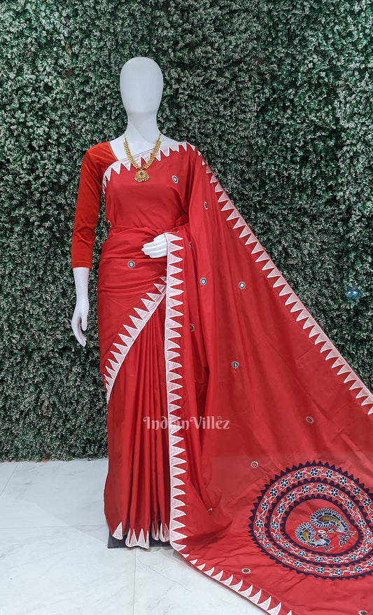 Red Applique Work Hand Embroidered Saree