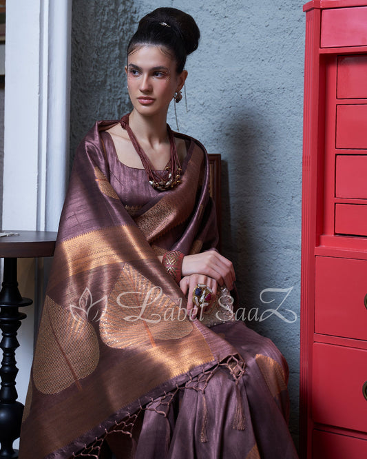 Copper Purple Party Designer Tussar Banarasi With Moti Work Saree