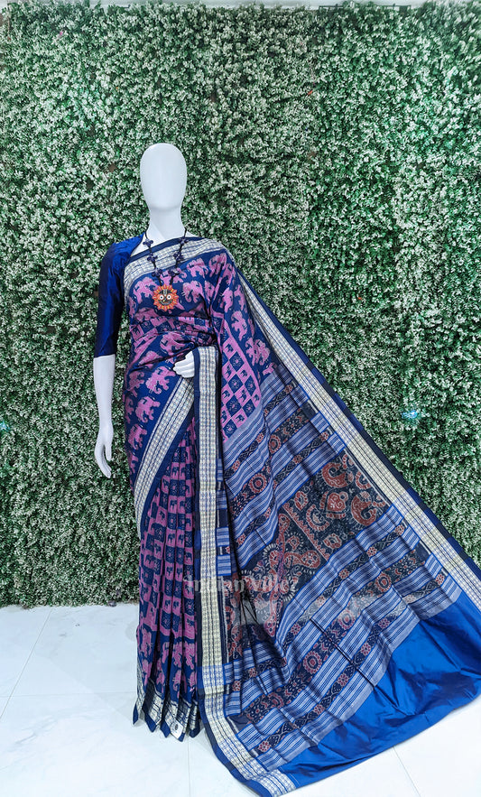 Pink Blue  Animal Motif Odisha Ikat Sambalpuri Silk Saree