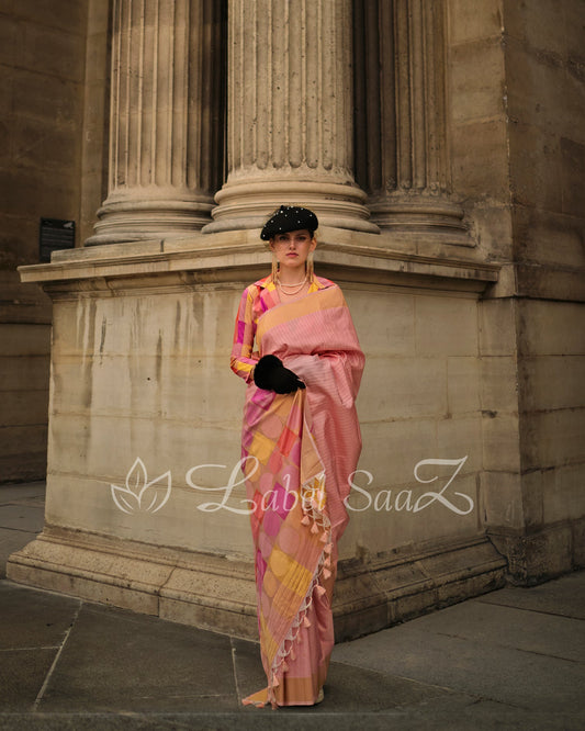 Peach Multicoloured Soft Handloom Silk Weaving Saree