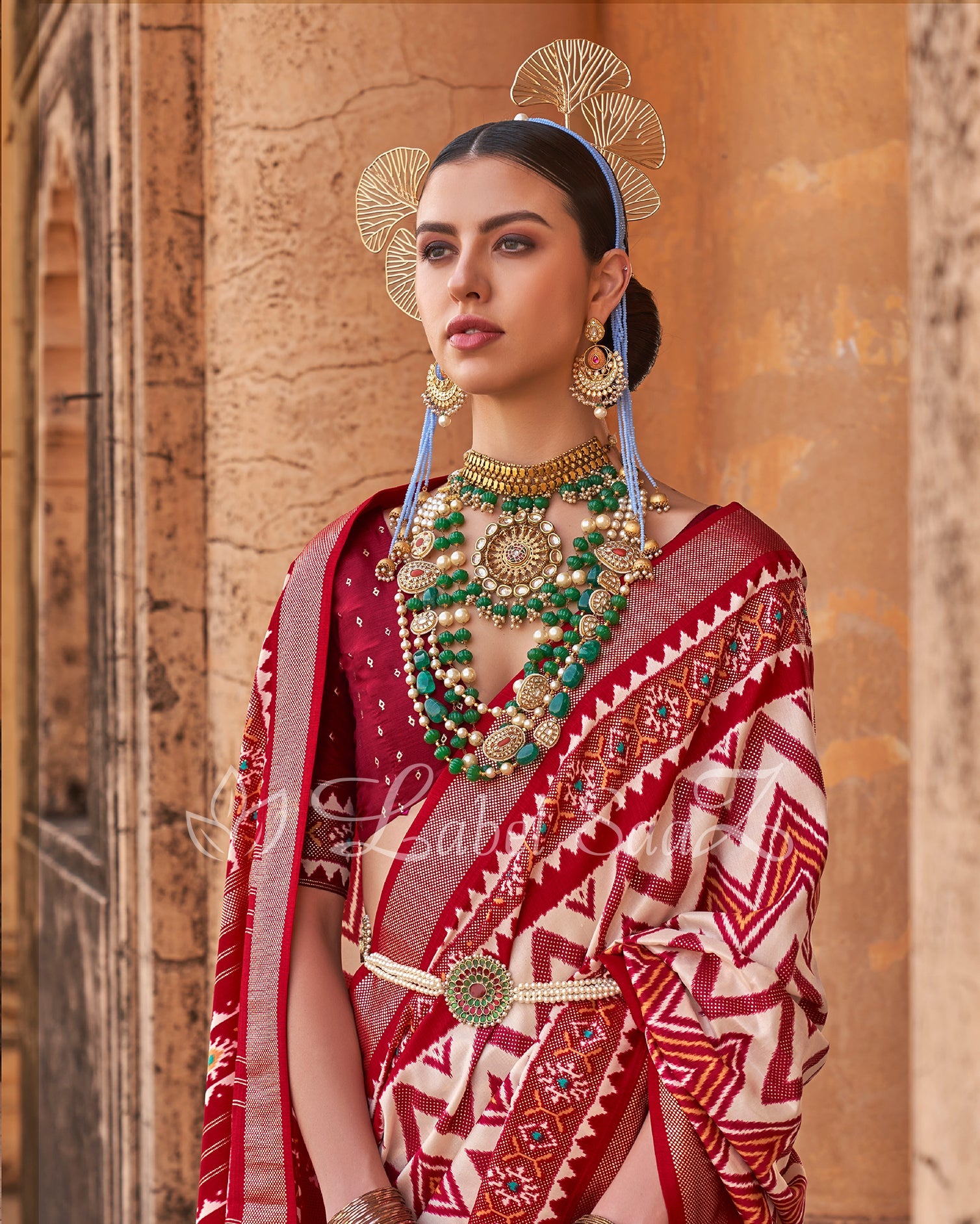 Red White Leheriya Pochampally Ikat Saree