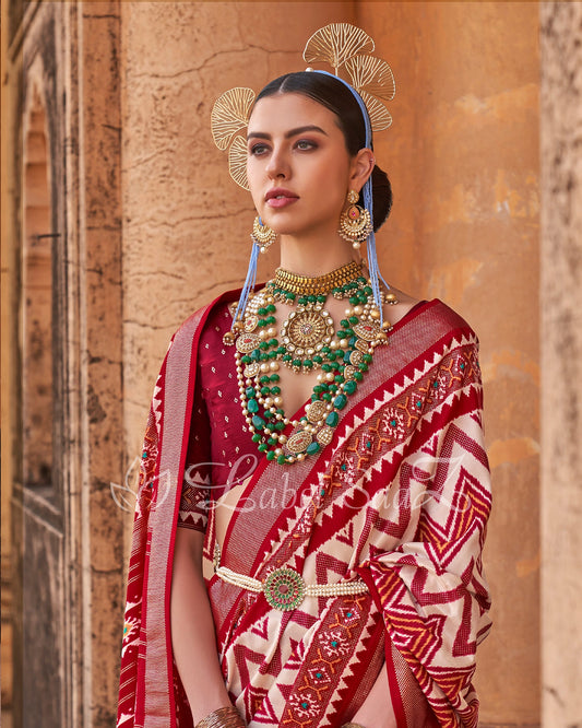 Red White Leheriya Pochampally Ikat Saree