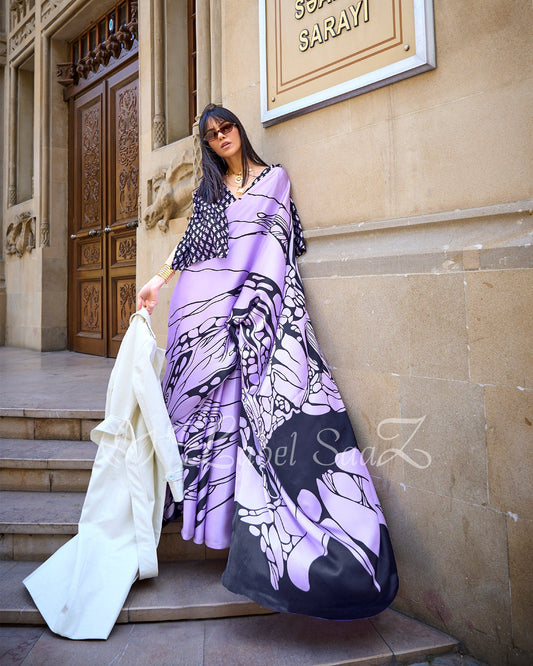 Violet Satya Paul Inspired Printed Satin Crape Sarees