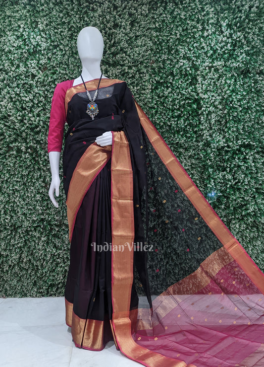 Black Rani Pink Pure Silk Cotton Maheswari Saree with Zari Border