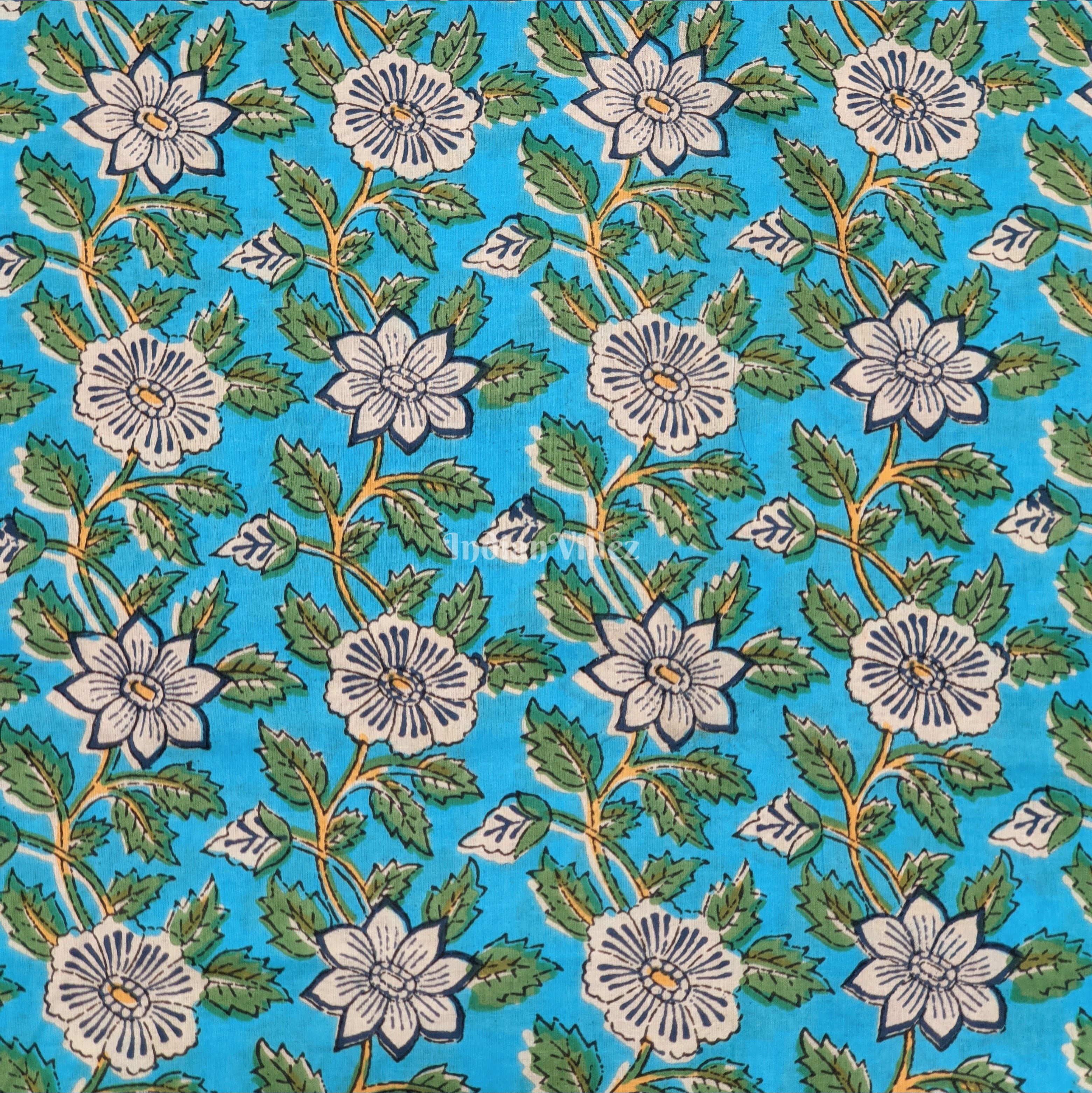 Copper Sulphate Floral Hand Block Printed Cotton Fabric