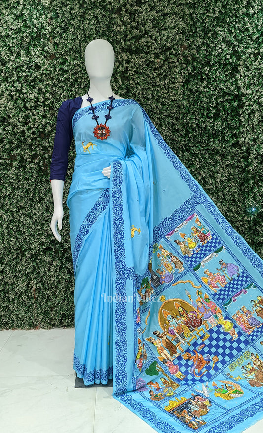 Sky Blue Ramayan Theme Hand-Painted Pattachitra Saree