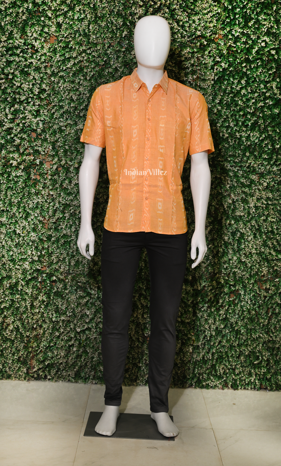 Light yellow Odisha Ikat Cotton Half Sleeve Shirt for Men 