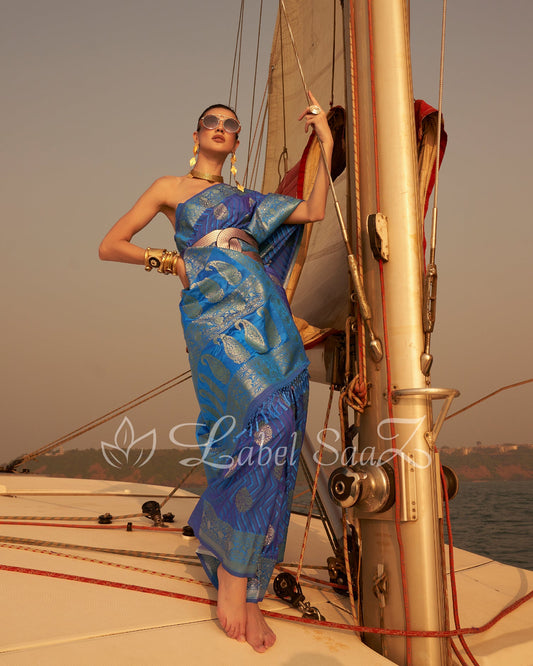 Dark Blue Two Tone Leheriya Banarasi Satin Silk Saree