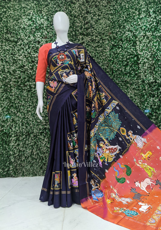 Navy Blue Radha Krishna Hand-Painted Pattachitra Silk Saree