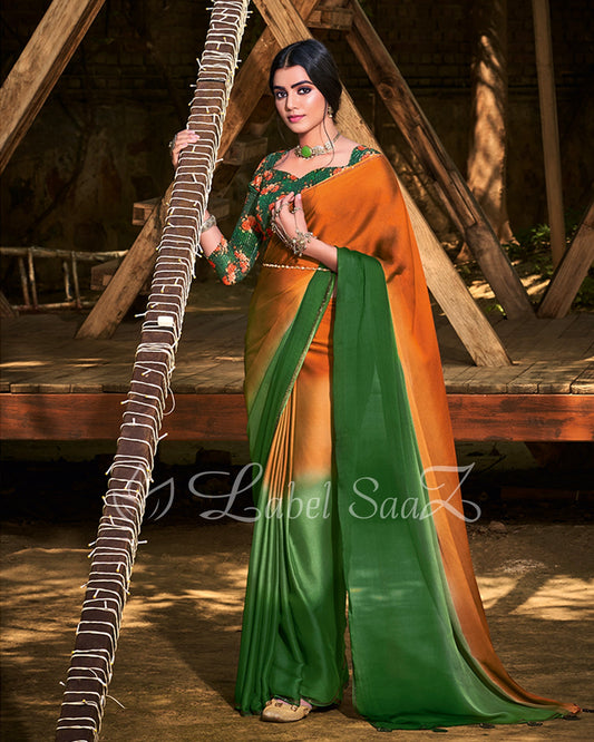 Golden Green Chiffon Saree with Floral Blouse 