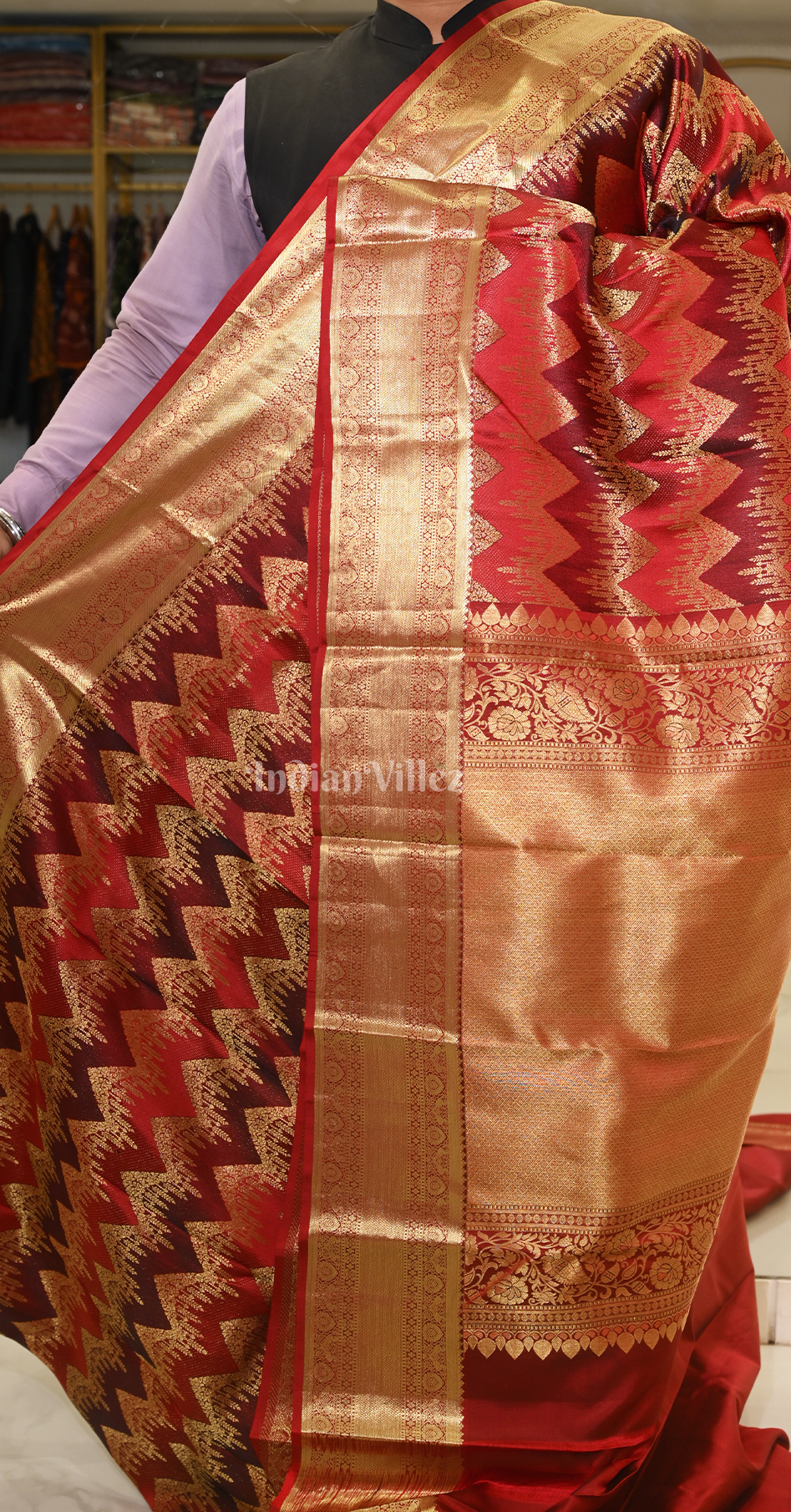 Exclusive Red Golden Zigzag Brocade Pure Kanjivaram Silk Saree