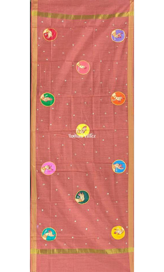Peach Color Odisha Pattachitra Art on Chanderi Dupatta