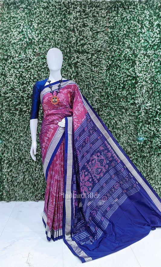 Magenta Pink Blue Tribal Theme Odisha Ikat Sambalpuri Silk Saree