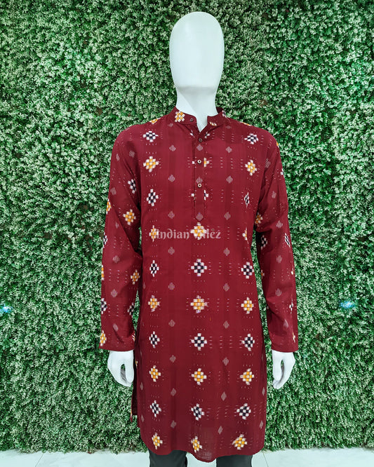 Maroon Pasapali Design Sambalpuri Ikat Cotton Kurta For Men