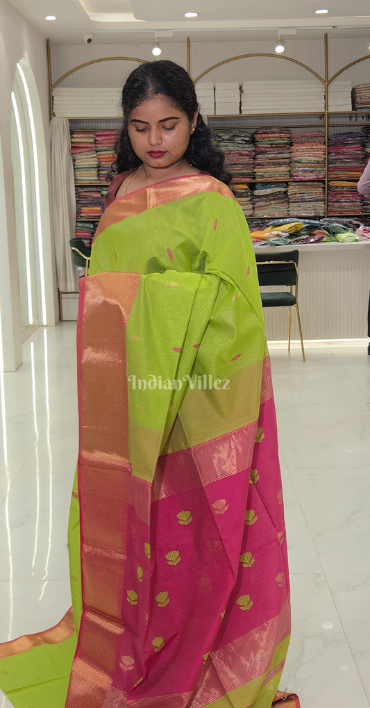 Parrot Green with Pink Pure Silk Cotton Maheshwari Saree