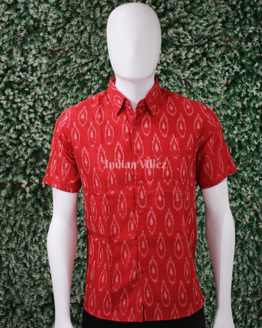 Red Odisha Ikat Cotton Half Sleeve Shirt for Men