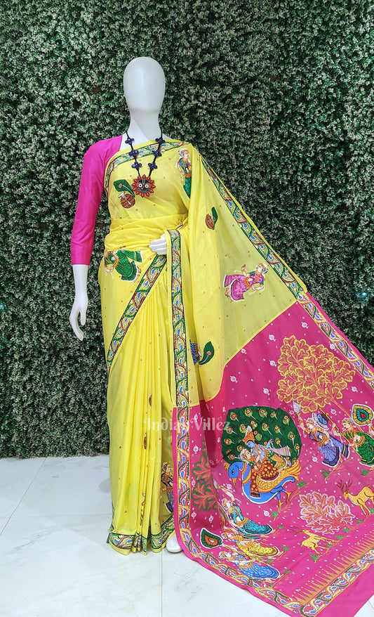Yellow Pink PEACOCK (Mayur) Radha Krishna Theme Hand-Painted Pattachitra Saree