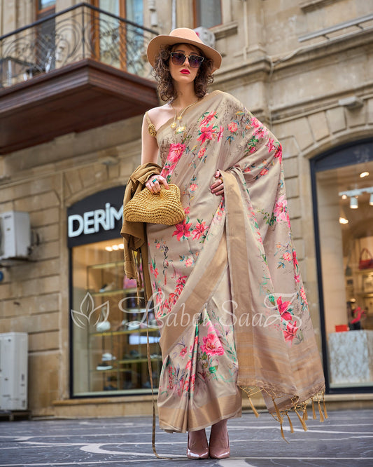 Big Multi Coloured Floral Soft Gaji Silk Handloom Weaving Saree 