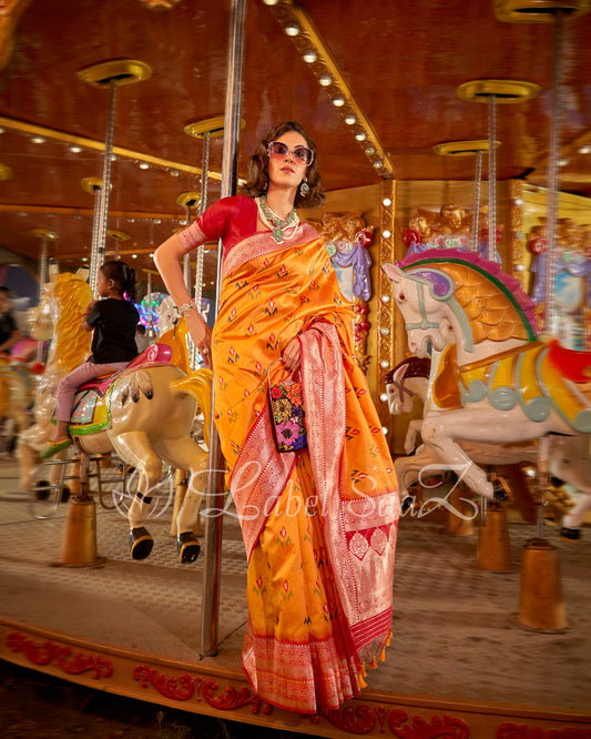 Yellow Ikat Saree with Zari Border Tussar Silk