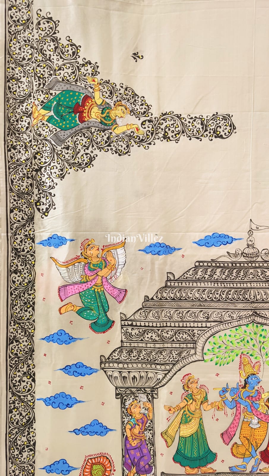 Off White Radha Krisha Pattachitra Pure Silk Saree
