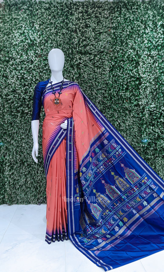 Red Blue Shree Mandir Theme Sambalpuri Ikat  Silk Saree