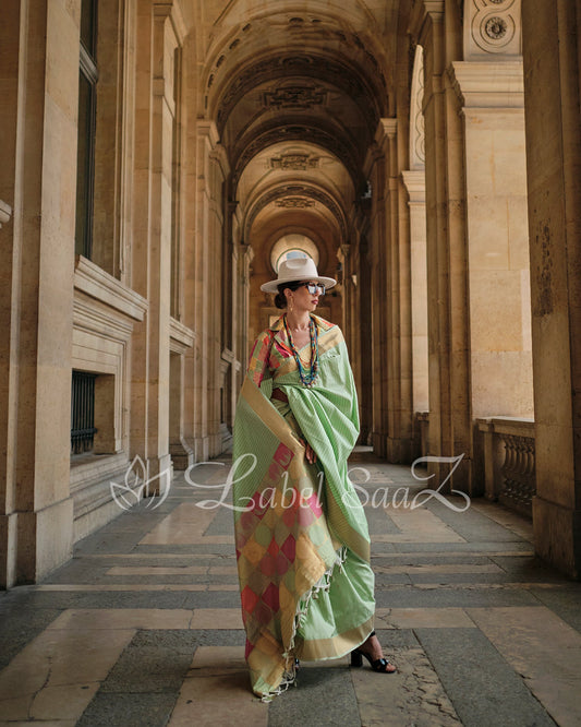 Green Multicoloured Soft Handloom Silk Weaving Saree