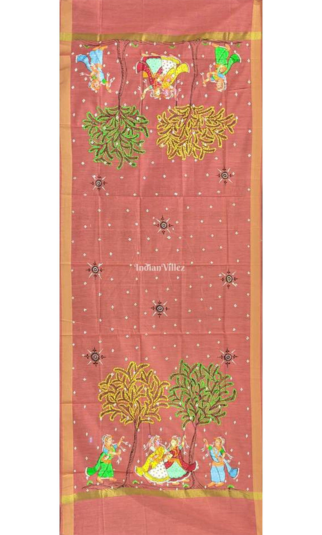 Peach Color Nartaki Theme Pattachitra Art on Chanderi Dupatta