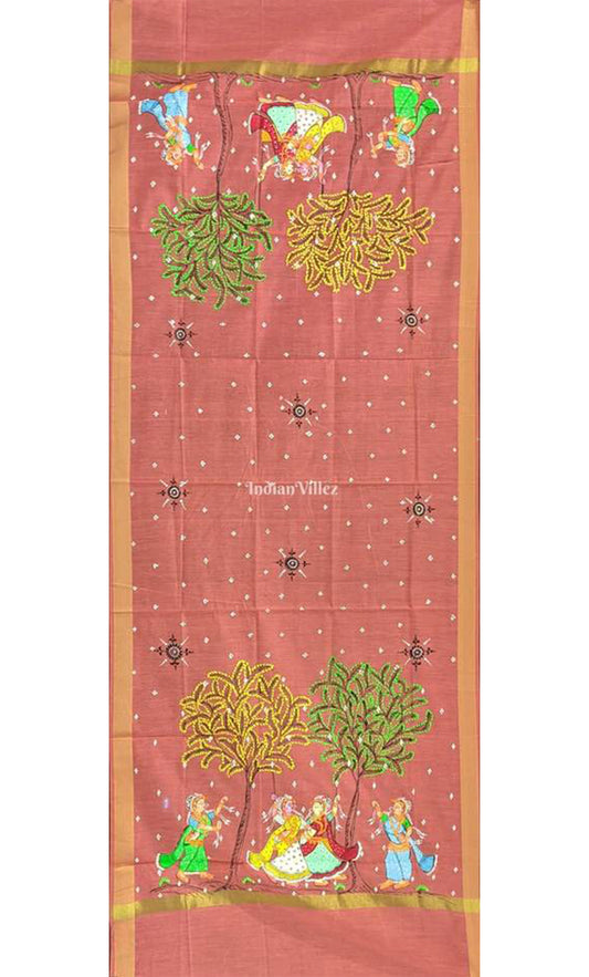 Peach Color Nartaki Theme Pattachitra Art on Chanderi Dupatta